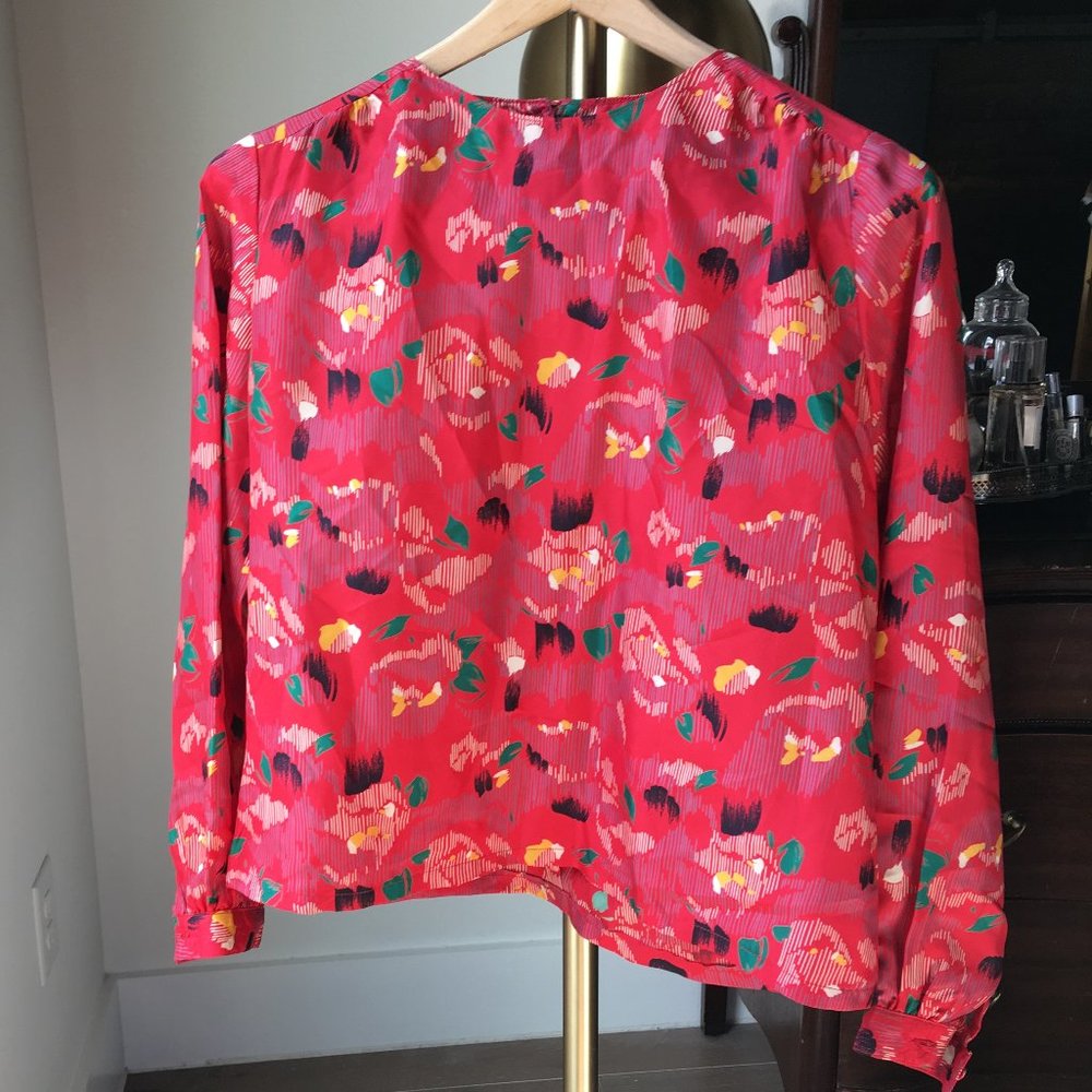 vintage floral polyester long-sleeve blouse - red floral - women's xs/s